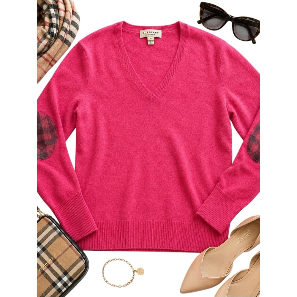 Burberry London Hot Pink Cashmere V Neck Sweater Nova Check Elbow Patch Women XL